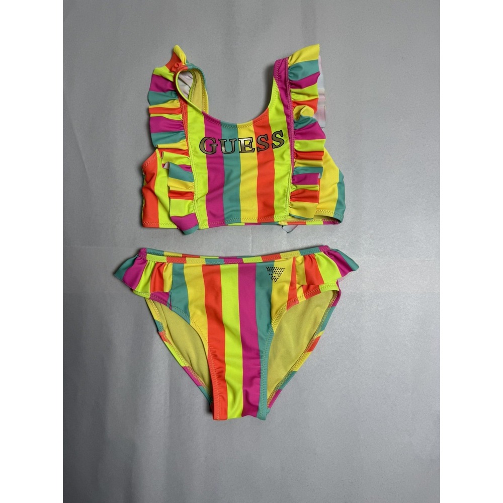 Guess Big Girls Stripped Printed Bikini Set Neon Yellow/Pink Size 8